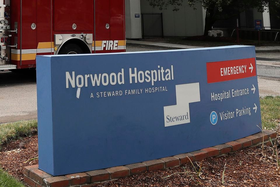 A sign for Norwood Hospital is seen in Norwood, Mass.  in June 2020.