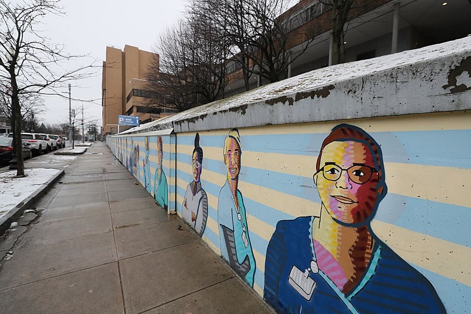 A mural outside St.  Elizabeth Medical Center in Brighton.